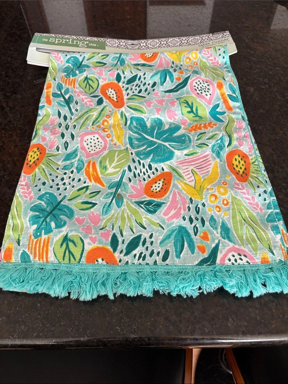 Tropical Floral Fringe Kitchen Towel - Teal, Pink & Orange